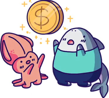 Challenge mascots celebrating with a coin