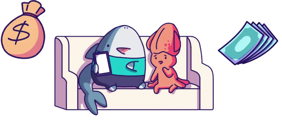 Challenge mascots, a shark and a squid, planning their financial strategy